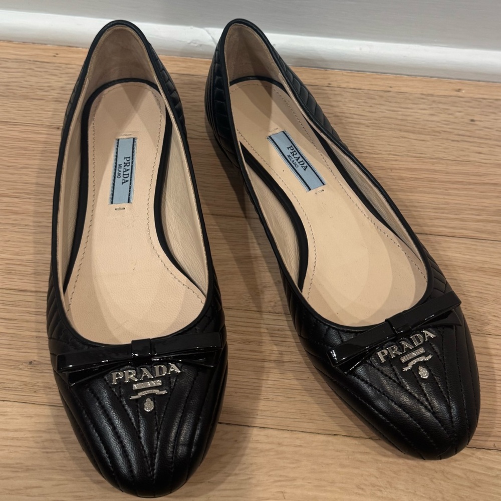 Prada Black Quilted Flats with Logo Detail